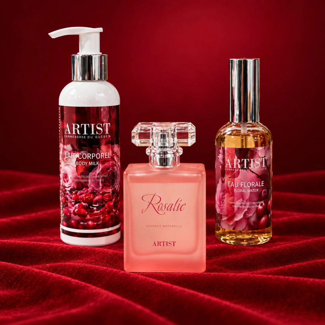 Ensemble parfum de rose ARTIST sur velours rouge