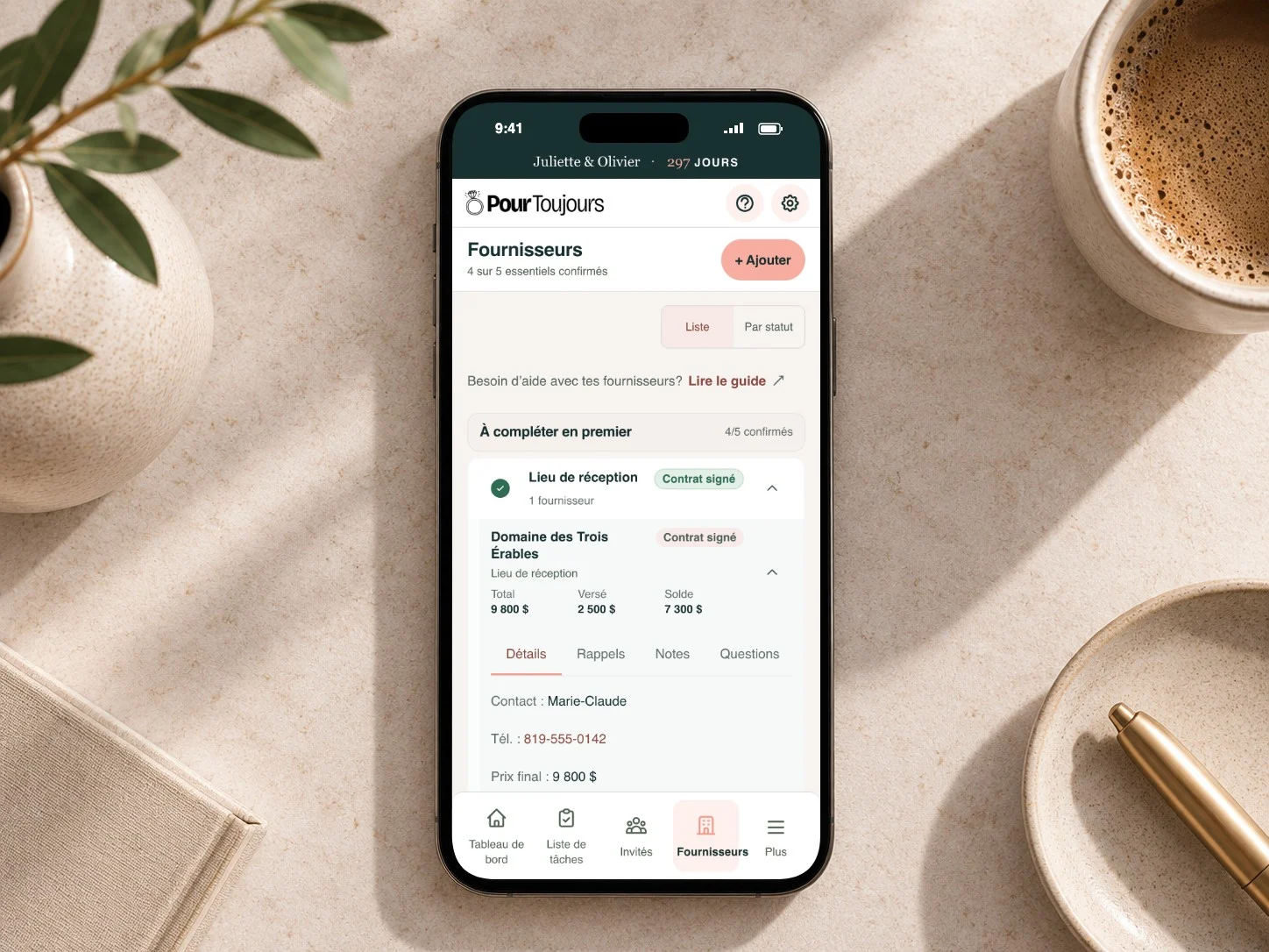 Planificateur Pour Toujours sur téléphone : suivi des fournisseurs