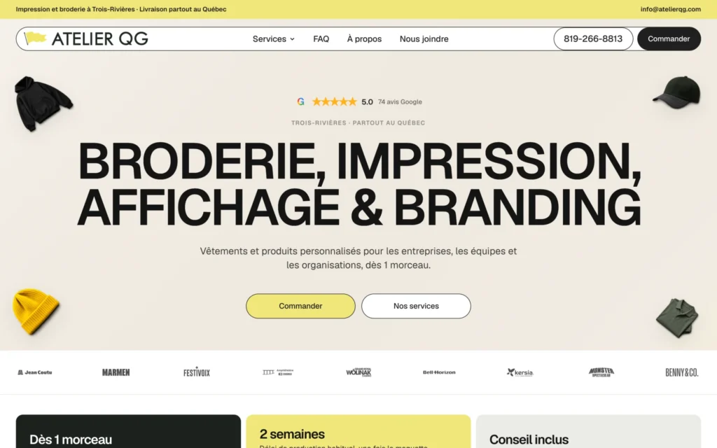 Site de Atelier QG sur ordinateur : page d’accueil