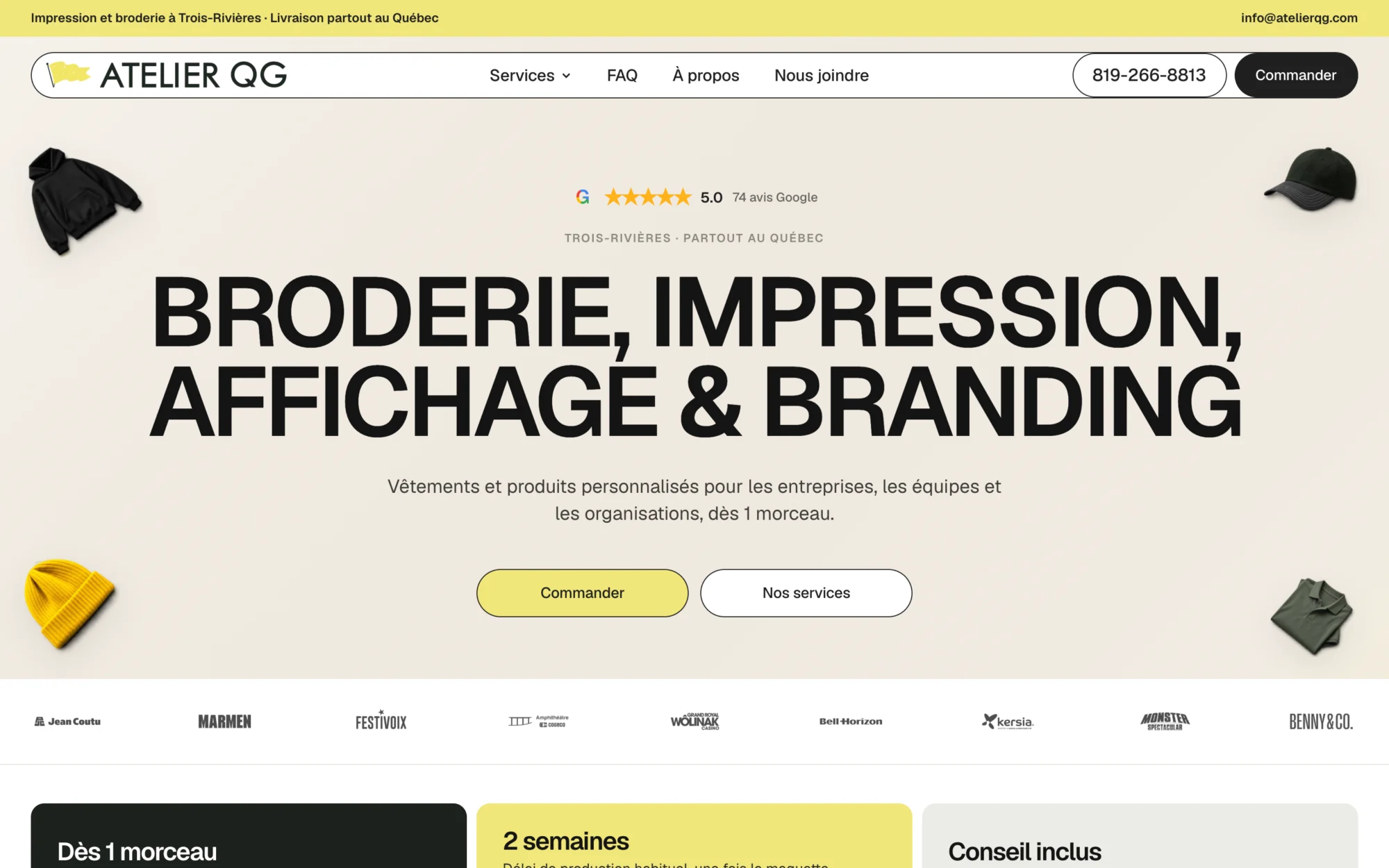 Site de Atelier QG sur ordinateur : page d’accueil