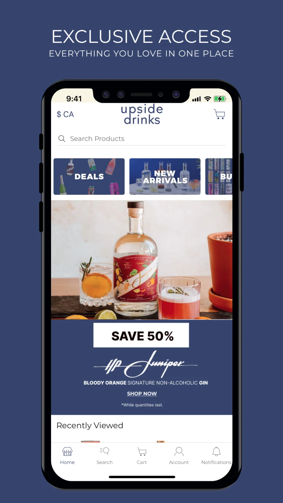 Application Upside Drinks : accueil de la boutique